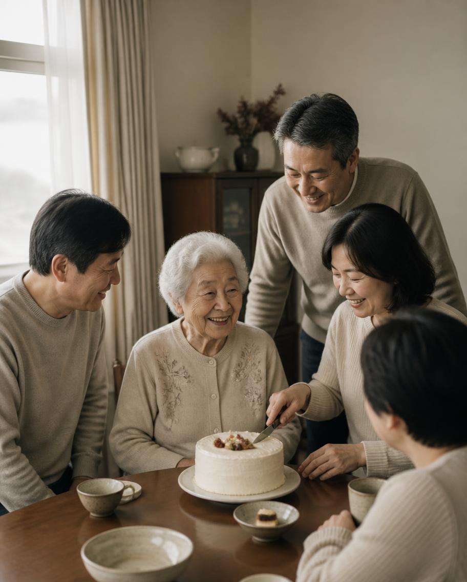 여든 번째 생일을 맞은 어머니와 함께 케이크를 자르는 가족