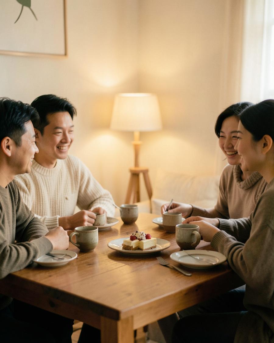 따뜻한 조명 아래 식탁에 둘러앉아 웃는 친구들